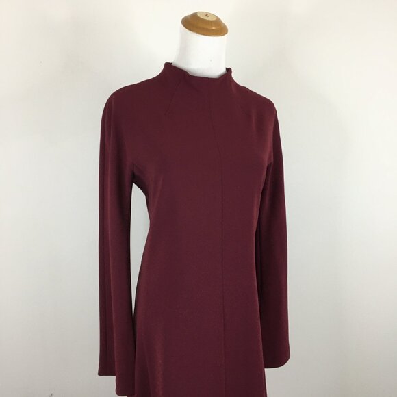 THEORY Red Wine/Berry Mock Neck Long Sleeve Slit Cuff Dress - Picture 5 of 9